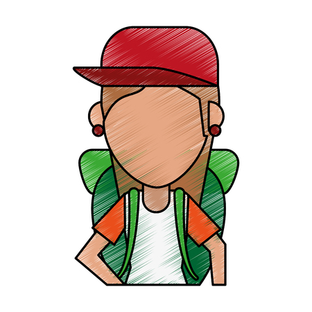 Woman tourist with backpack avatar doodle over white background vector illustrationのイラスト素材