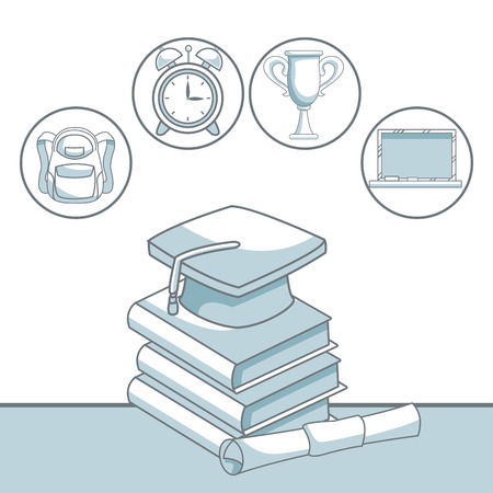 white background with color silhouette shading of stack book with graduation cap and certificated with icons elements academic vector illustrationのイラスト素材