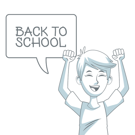 white background with color silhouette shading of guy student excited expression with textbox back to school vector illustrationのイラスト素材
