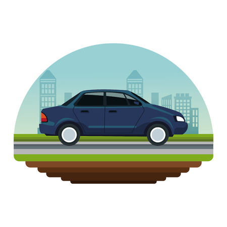 white background circular irregular frame with color scene city landscape with automobile vehicle transport in street vector illustrationのイラスト素材