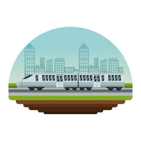 white background circular irregular frame with color scene city landscape with modern train in street vector illustrationのイラスト素材