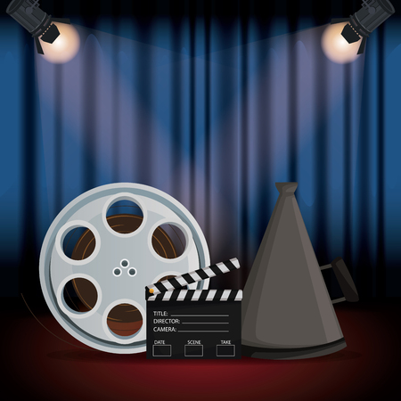 color background stage cinema curtain with spotlights and film reel and director megaphone and clapperboard vector illustrationのイラスト素材