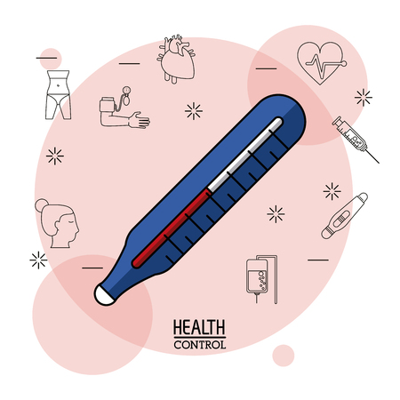 Poster white background with black silhouette icons of health control in background and colorful thermometer in closeup vector illustrationのイラスト素材
