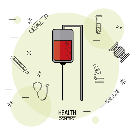 Poster white background with black silhouette icons of health control in background and colorful blood bag in closeup vector illustrationのイラスト素材