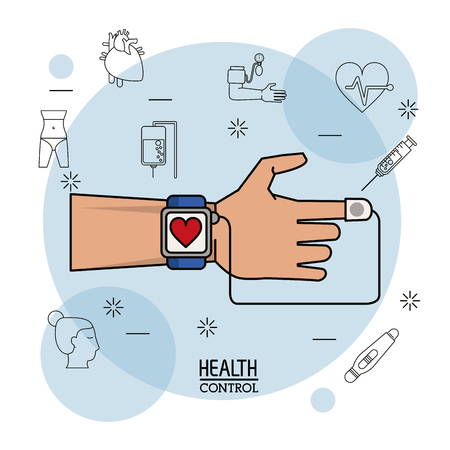 Poster white background with black silhouette icons of health control in background and hand with colorful clock pulse monitor in closeup vector illustrationのイラスト素材