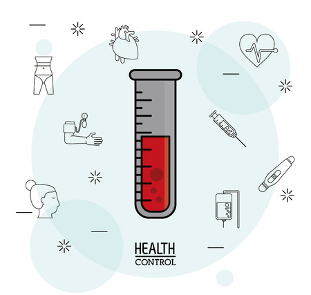 Poster white background with black silhouette icons of health control in background and colorful test tube with blood in closeup vector illustrationのイラスト素材
