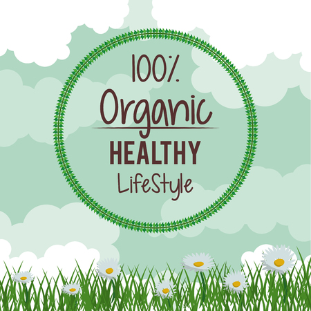 colorful background with daisy flower landscape with circular of one hundred percent natural healthy lifestyle vector illustrationのイラスト素材