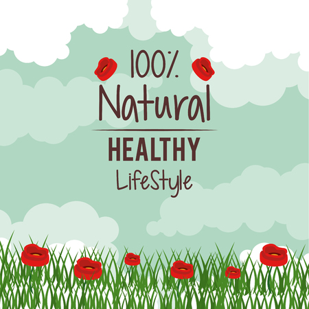 colorful background with red flowers landscape with of one hundred percent natural healthy lifestyle vector illustrationのイラスト素材