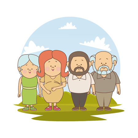 white background with color silhouette landscape with pregnancy mom old father and grandparents vector illustrationのイラスト素材