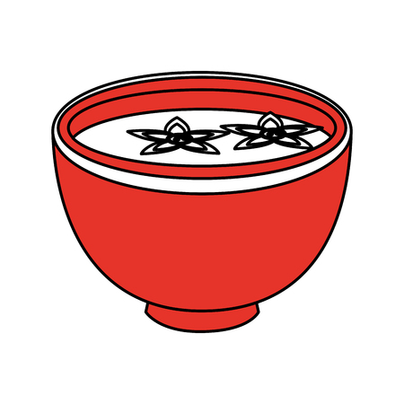 Flat line bowl and flowers with hint of color over white background vector illustrationのイラスト素材