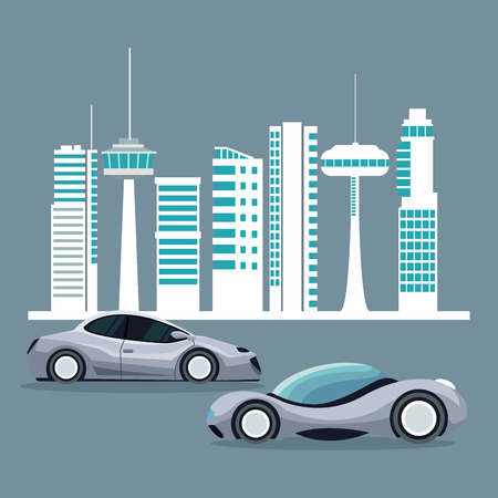 futuristic city landscape silhouette with colorful set of modern vehicles vector illustrationのイラスト素材