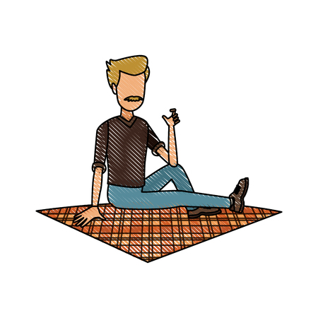 man relaxing in campsite blanket vector illustrationのイラスト素材