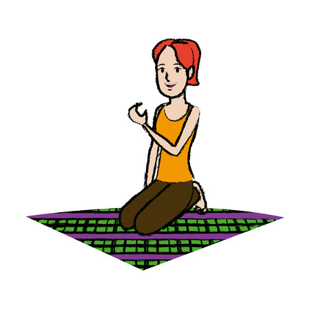 girl eating apple on lunch camping blanket vector illustrationのイラスト素材