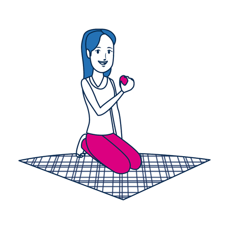 girl eating apple on lunch camping blanket vector illustrationのイラスト素材