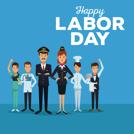 color card of happy labor day with full body people of different professions vector illustrationのイラスト素材