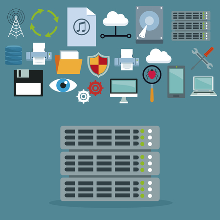 color background with rack storage and set collection technology elements vector illustrationのイラスト素材