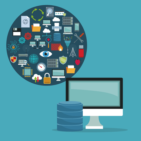 color background with computer display and circular frame with set collection technology elements vector illustrationのイラスト素材
