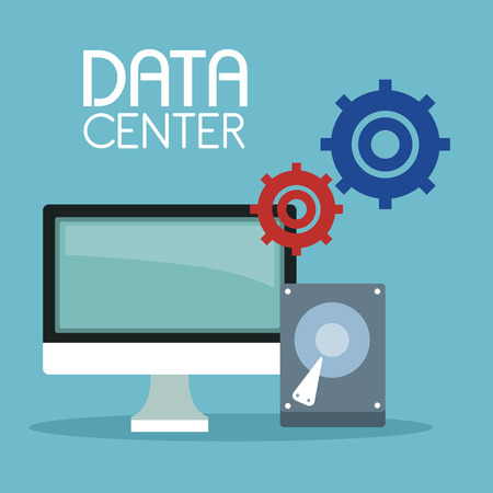 color background with display computer and hard drive with gears symbol and text data center vector illustrationのイラスト素材