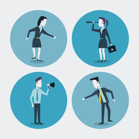 white background with colorful circle frames of businesswoman and businessman with briefcase and monocular and megaphone vector illustrationのイラスト素材