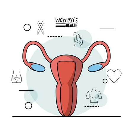 white background of poster woman health with female reproductive system and icons around vector illustrationのイラスト素材