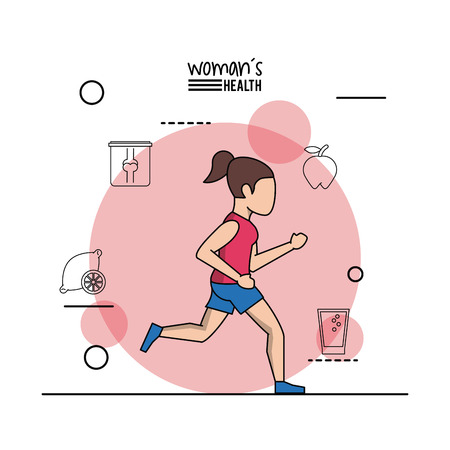 White background of poster woman health with woman running in pink circle with icons around vector illustrationのイラスト素材