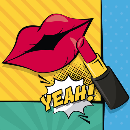 multicolored square banner in pop art style halftone with stripes and mouth with lipstick dialog callout yeah text vector illustrationのイラスト素材