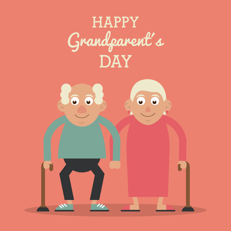 salmon color card with text happy grandparents day with elderly couple and both with walking sticks vector illustrationのイラスト素材