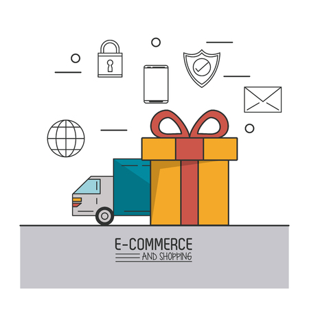 Colorful poster of e-commerce and shopping with delivery truck and gift with monochrome commerce icons on top vector illustration.のイラスト素材