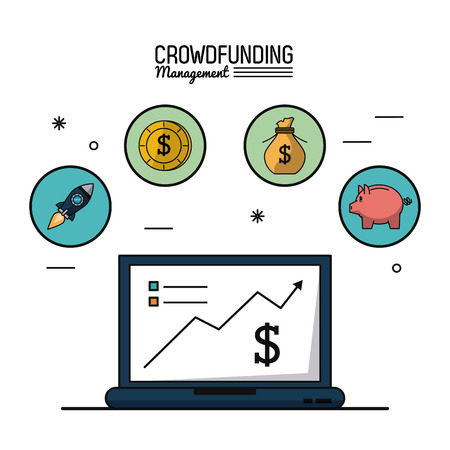 Colorful poster of crowd funding management with laptop computer and economic growing graphs in screen and icons on top vector illustration.のイラスト素材