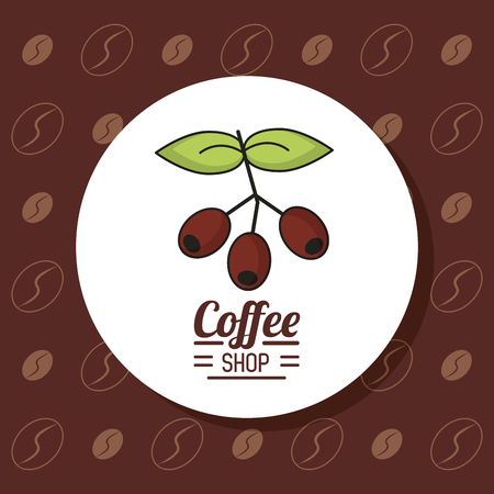colorful poster with emblem coffee shop with branch and fruits of coffee vector illustrationのイラスト素材