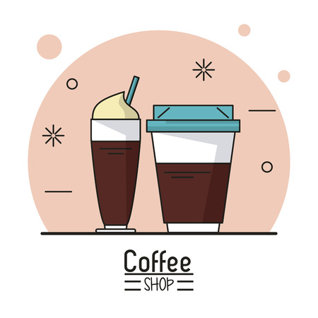 colorful poster of coffee shop with disposable coffee cup and cappuccino cup vector illustrationのイラスト素材