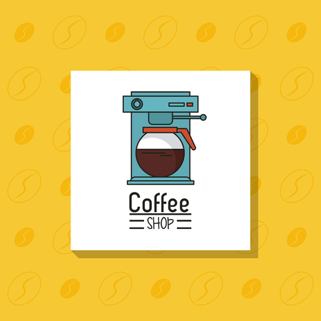 Colorful poster of coffee shop with coffee maker in frame and yellow backgroundのイラスト素材