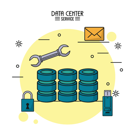 colorful poster of data center service with computer server icon and wrench tool and usb memory and padlock and mail vector illustrationのイラスト素材