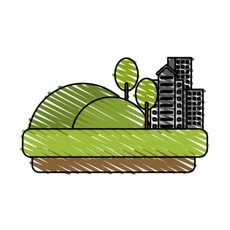 city buildings next to hills grass and trees icon image vector illustration design  sketch styleのイラスト素材
