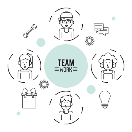 monochrome infographic of team work with half body group of men and women and icon tools around vector illustrationのイラスト素材