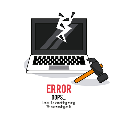 white background poster with monochrome laptop with broken screen and hammer error oops vector illustrationのイラスト素材
