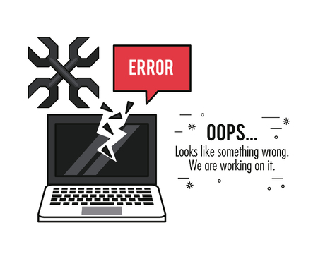 white background poster with monochrome laptop with broken screen and crossed wrench error oops vector illustrationのイラスト素材