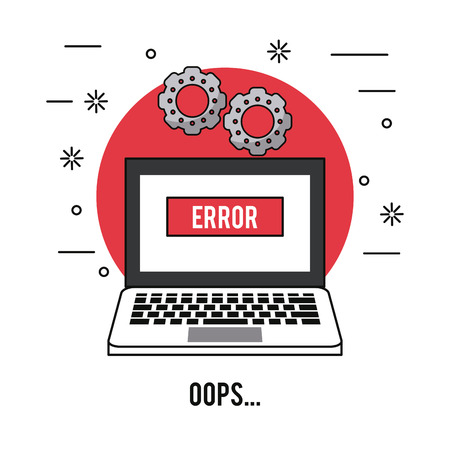 white background with laptop over red circle with error oops text and pinions on top vector illustrationのイラスト素材