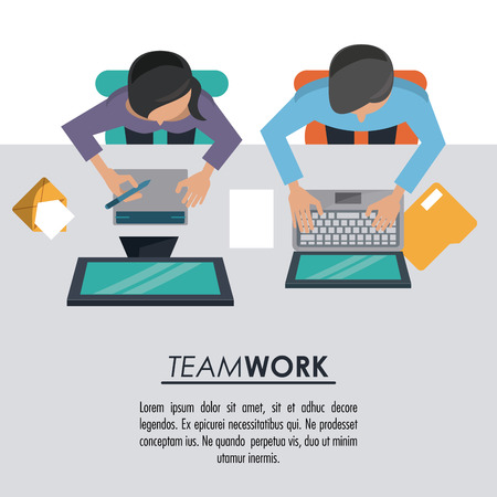 colorful background on top view of poster of teamwork between man and woman both with computers vector illustrationのイラスト素材