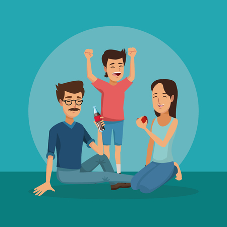 colo scene of family group sitting man with soda and woman with apple in her hand with happiness kid vector illustrationのイラスト素材