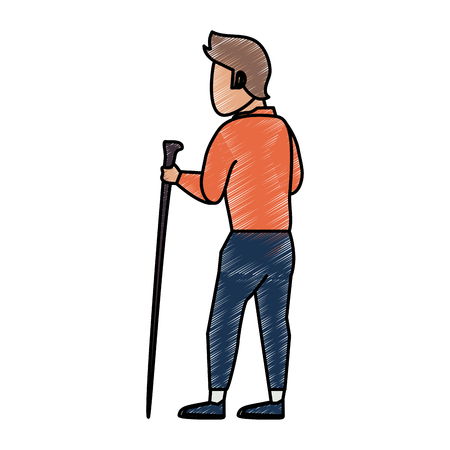 Colorful man with trekking pole doodle over white background vector illustrationのイラスト素材