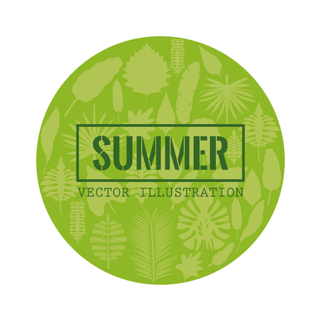 white background with circular frame with decorative green leaves inside and rectangular frame with summer text vector illustrationのイラスト素材