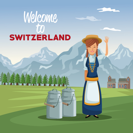 mountain landscape valley poster with traditional woman with metal jars with milk and text welcome to switzerland vector illustrationのイラスト素材