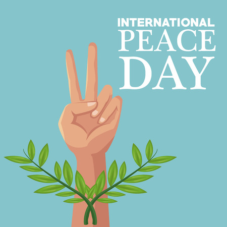 color poster hand victory symbol and olive branches crossed international peace day text vector illustrationのイラスト素材