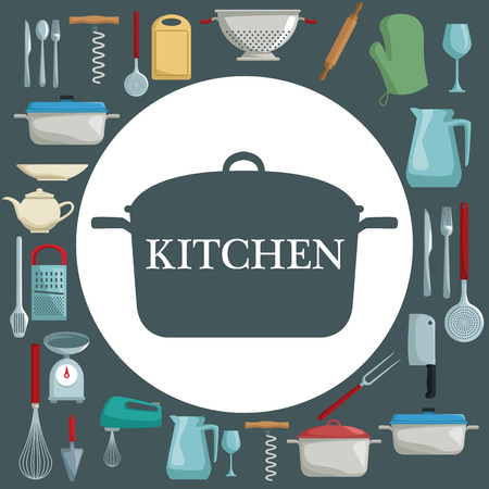 color background with different elements of cooking and circular frame with pot and text kitchen vector illustrationのイラスト素材