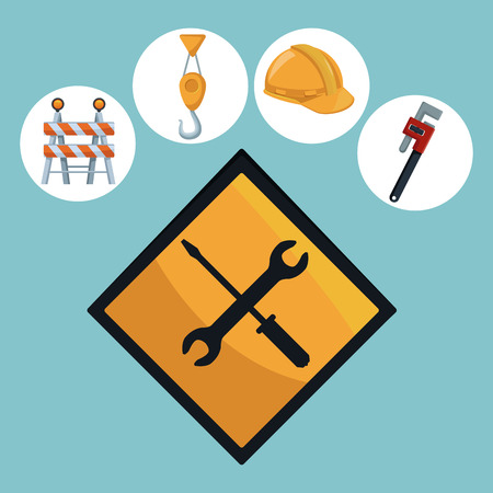 color background with icons in circular frame tools contruction and closeup traffic signal screwdriver and wrench croosed vector illustrationのイラスト素材