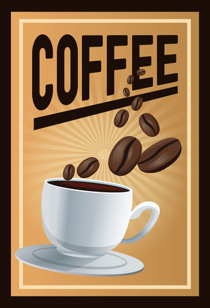 color poster coffee with linear glow and porcelain cup in dish and beans vector illustrationのイラスト素材