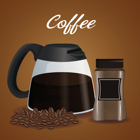 color poster glass jar of coffee with handle and beans with container with lid vector illustrationのイラスト素材