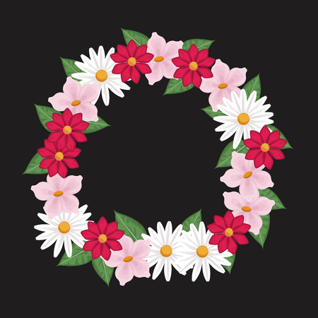 black background with decorative circular border with colorful flowers and leaves vector illustrationのイラスト素材