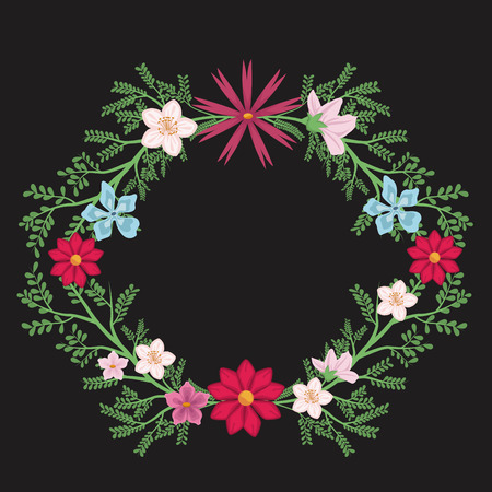 black background with decorative hexagon border with colorful flowers and leaves vector illustrationのイラスト素材